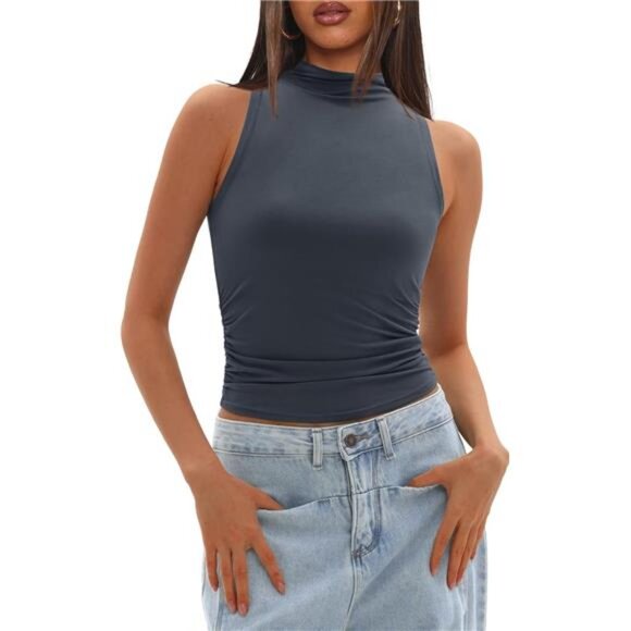 Women's Tank Tops Summer Mock Neck Grey - Picture 1 of 5